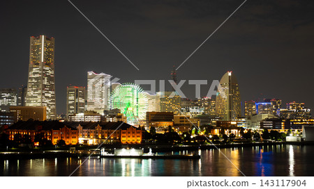 Yokohama Minato Mirai Skyline Reflected in Calm Water at Night Yokohama Minato Mirai Skyline Reflected in Calm Water at Night 143117904