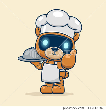 Cartoon cute bear robot in chef costume with dish, vector icon illustration 143118182