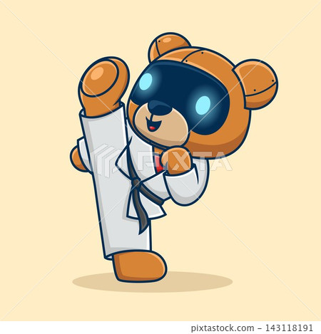 Cartoon cute bear robot in martial arts costume kicking, vector icon illustration Cartoon cute bear robot in martial arts costume kicking, vector icon illustration 143118191