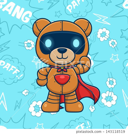Adorable Robot Superhero Teddy Bear Character Design with Red Cape on Comic Style Blue Background Adorable Robot Superhero Teddy Bear Character Design with Red Cape on Comic Style Blue Background 143118519