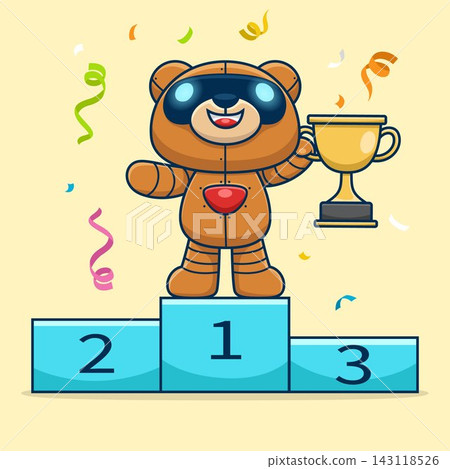 Cute bear robot holding trophy on podium. Vector cartoon illustration Cute bear robot holding trophy on podium. Vector cartoon illustration 143118526