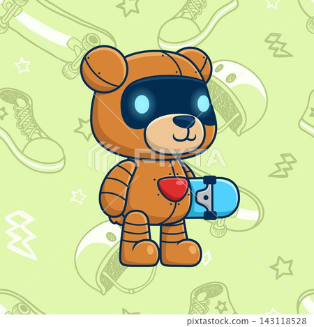 Cute bear robot skateboarding on seamless pattern skateboard element background. Vector cartoon illustration Cute bear robot skateboarding on seamless pattern skateboard element background. Vector cartoon illustration 143118528
