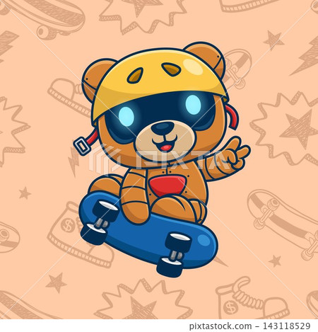 Cute bear robot skateboarding on seamless pattern skateboard element background. Vector cartoon illustration Cute bear robot skateboarding on seamless pattern skateboard element background. Vector cartoon illustration 143118529