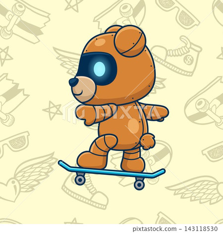 Cute bear robot skateboarding on seamless pattern skateboard element background. Vector cartoon illustration 143118530
