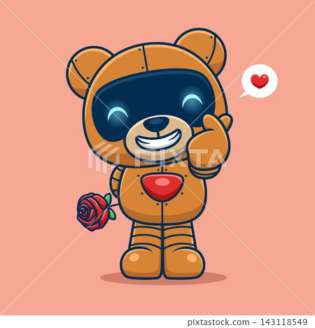 Cute bear robot with Korean love sign hand holding roses. Vector cartoon illustration 143118549