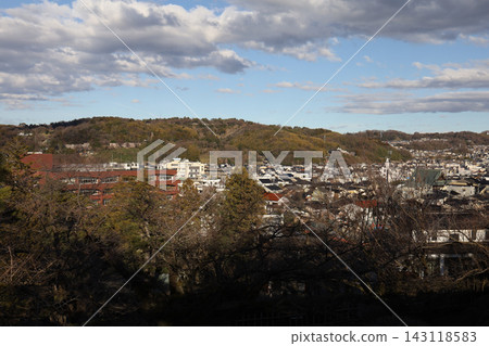 Panoramic View of Japanese Town with Hills, Cloudy Sky Panoramic View of Japanese Town with Hills, Cloudy Sky 143118583