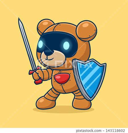 Cute bear robot with shield and sword. Cartoon vector icon illustration Cute bear robot with shield and sword. Cartoon vector icon illustration 143118602