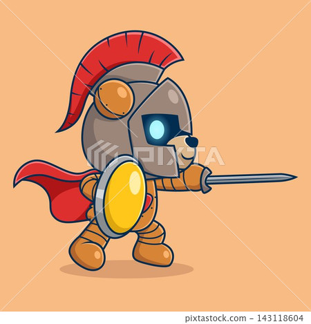 Cute bear robot in spartan warrior costume with sword and shield. Cartoon vector icon illustration 143118604