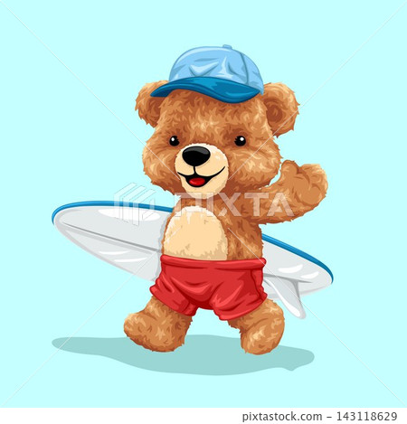 Cute teddy bear cartoon character with surfboard. Vector illustration Cute teddy bear cartoon character with surfboard. Vector illustration 143118629