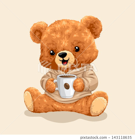 Cute teddy bear cartoon character holding big coffee cup. Vector illustration 143118635
