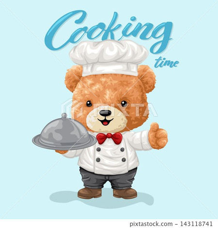Vector illustration of cute teddy bear in chef costume holding serving plate. Original hand drawing Vector illustration of cute teddy bear in chef costume holding serving plate. Original hand drawing 143118741