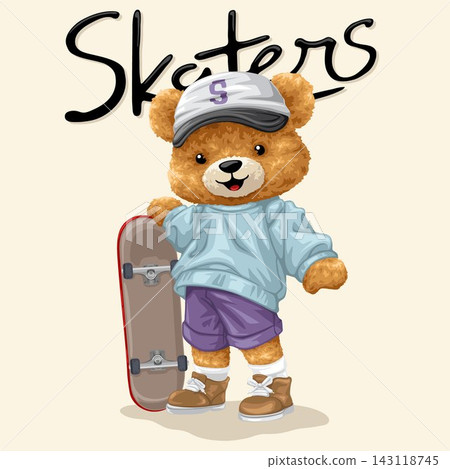 Vector illustration of cute teddy bear with skateboard. Original hand drawing Vector illustration of cute teddy bear with skateboard. Original hand drawing 143118745