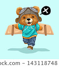 Vector illustration of cute teddy bear wearing vintage pilot helmet playing cardboard wing 143118748