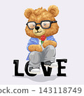 Vector illustration of cute teddy bear sitting on love text with rose. Original hand drawing 143118749