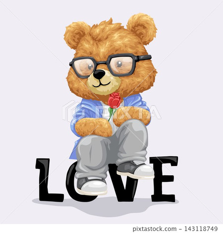 Vector illustration of cute teddy bear sitting on love text with rose. Original hand drawing Vector illustration of cute teddy bear sitting on love text with rose. Original hand drawing 143118749