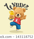 Vector illustration of cute teddy bear with trophy, winning competition. Original hand drawn concept 143118752