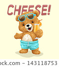 Vector illustration of cute teddy bear holding soft drink. Original hand drawn concept 143118753