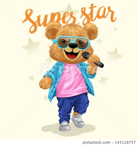 Vector illustration of fashionable cute teddy bear singer performing. Original hand drawn concept Vector illustration of fashionable cute teddy bear singer performing. Original hand drawn concept 143118757