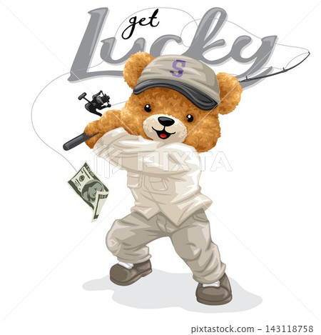 Vector illustration of cute teddy bear fishing a money. Original hand drawn concept 143118758