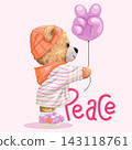 Vector illustration of cute teddy bear girl with peace sign hand balloon. Original hand drawn 143118761