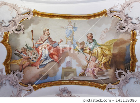 Saint James the Elder and Saint Judas Thaddeus, fresco by Matthaus Gunther in Benedictine monastery church in Amorbach, Germany Saint James the Elder and Saint Judas Thaddeus, fresco by Matthaus Gunther in Benedictine monastery church in Amorbach, Germany 143119086