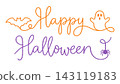 Happy Halloween orange and purple lettering with bat, ghost and spider continuous line art on isolated white background 143119183