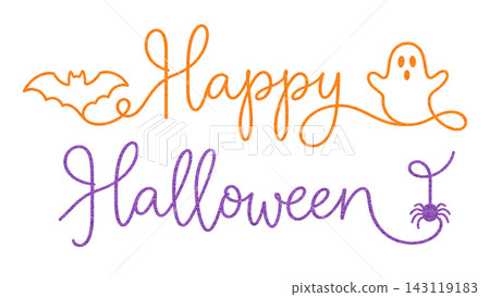 Happy Halloween orange and purple lettering with bat, ghost and spider continuous line art on isolated white background Happy Halloween orange and purple lettering with bat, ghost and spider continuous line art on isolated white background 143119183