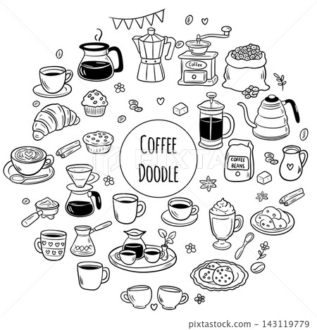 Cute doodle cartoon coffee shop icons. Outline hand drawn for coffee and bakery for cafe menu Cute doodle cartoon coffee shop icons. Outline hand drawn for coffee and bakery for cafe menu 143119779