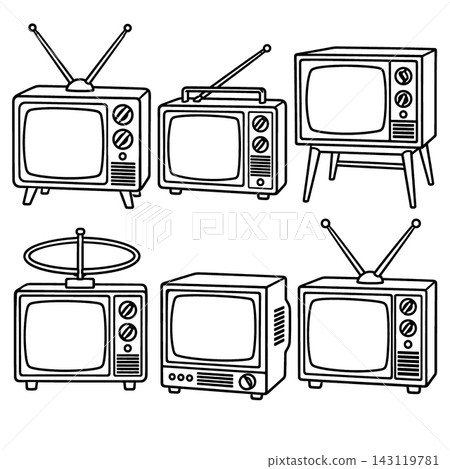 Retro coloring book line art collections showing vintage television set s evoking nostalgic cheerful feel with classic design details and antennas 143119781
