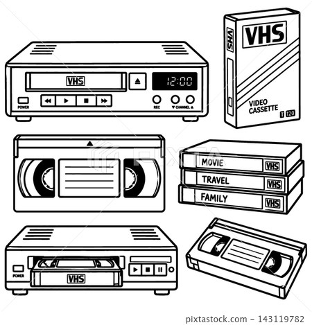 Retro media player and cassette coloring book line art collections bringing nostalgic joy with classic vintage video home system recorders isolated on white background Retro media player and cassette coloring book line art collections bringing nostalgic joy with classic vintage video home system recorders isolated on white background 143119782