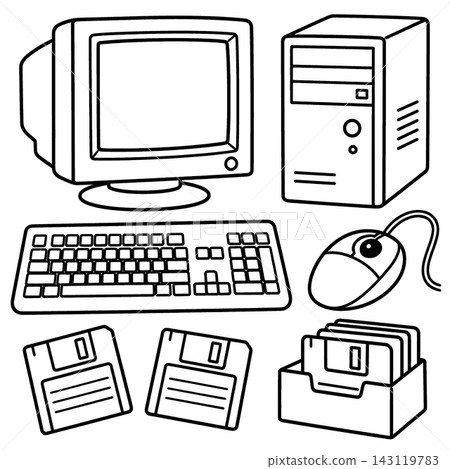 Retro personal computer line art coloring book collections featuring nostalgic hardware doodle system elements designed with clean outline layout on white background Retro personal computer line art coloring book collections featuring nostalgic hardware doodle system elements designed with clean outline layout on white background 143119783