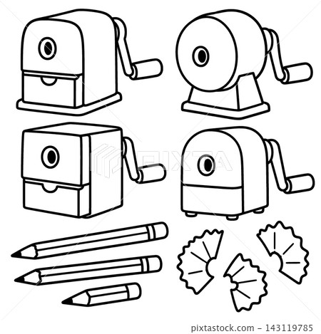 Mechanical pencil sharpener coloring book line art collections featuring retro rotary desktop sharpeners with shavings and pencils designed to bring nostalgic joy to young artists Mechanical pencil sharpener coloring book line art collections featuring retro rotary desktop sharpeners with shavings and pencils designed to bring nostalgic joy to young artists 143119785