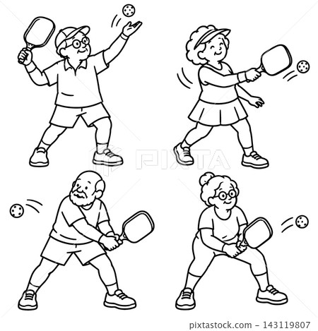 Happy pickleball senior player coloring page collection showing active elderly man woman exercising with joyful expression black white outline illustration Happy pickleball senior player coloring page collection showing active elderly man woman exercising with joyful expression black white outline illustration 143119807