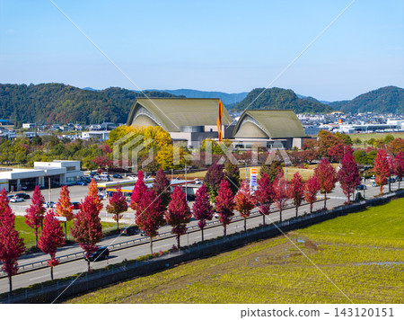 Drone footage captures the autumn scenery of Fukui and Harmony Hall Fukui, adorned with autumn leaves. Drone footage captures the autumn scenery of Fukui and Harmony Hall Fukui, adorned with autumn leaves. 143120151