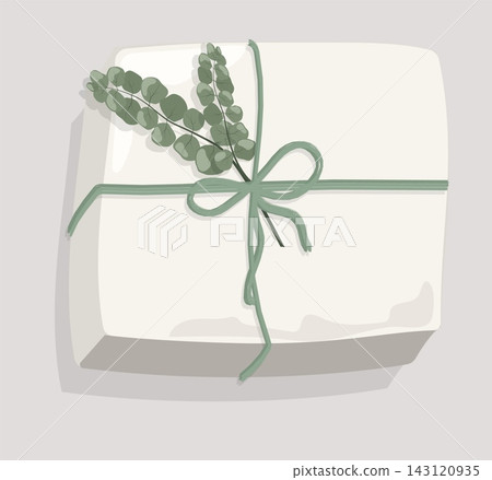 Flat lay white creamy Christmas gift box vector element isolated on background. Cozy eco winter holiday present with sage green eucalyptus branch Flat lay white creamy Christmas gift box vector element isolated on background. Cozy eco winter holiday present with sage green eucalyptus branch 143120935