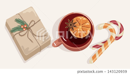 Flat lay Christmas mulled wine mug with kraft gift box and candy cane isolated on background. Cozy eco winter holiday vector banner background Flat lay Christmas mulled wine mug with kraft gift box and candy cane isolated on background. Cozy eco winter holiday vector banner background 143120939