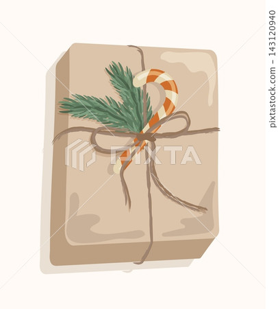 Flat lay Christmas kraft gift box vector element isolated on background. Cozy eco winter holiday present with pine branch and candy cane decor Flat lay Christmas kraft gift box vector element isolated on background. Cozy eco winter holiday present with pine branch and candy cane decor 143120940