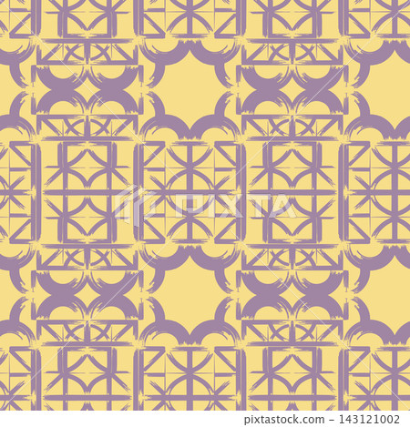 Lavender brushstroke lines form arches, square grids, and mirrored circles in soft yellow seamless background, suitable for wallpaper, fabric, packaging, and modern retro styling. Lavender brushstroke lines form arches, square grids, and mirrored circles in soft yellow seamless background, suitable for wallpaper, fabric, packaging, and modern retro styling. 143121002