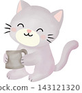 Cute watercolor illustration of a sweet gray cat happily holding a warm mug with both paws. 143121320