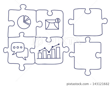 Jigsaw Puzzle Business Marketing Analytics Infographic Matrix. Isolated Vector Outline Hand Drawn. Communication Email Chat, Online Messages Diagram Strategy Framework No-code Integration Workflow. Jigsaw Puzzle Business Marketing Analytics Infographic Matrix. Isolated Vector Outline Hand Drawn. Communication Email Chat, Online Messages Diagram Strategy Framework No-code Integration Workflow. 143121682