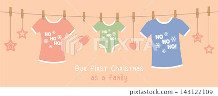 first christmas as family cute greeting card with hanging festive clothes and decorations vector illustration 143122109