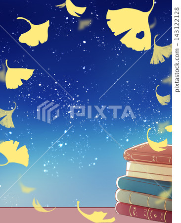 桌上放著一本西式書籍,銀杏樹的輪廓,夜空 桌上放著一本西式書籍,銀杏樹的輪廓,夜空 143122128