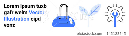 E-commerce, retail, sustainability, nature, repair services, fashion. A blue handbag, a leaf and a gear with wrench icons. E-commerce and sustainability related concepts E-commerce, retail, sustainability, nature, repair services, fashion. A blue handbag, a leaf and a gear with wrench icons. E-commerce and sustainability related concepts 143122345