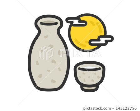 An illustration of a moon-viewing sake icon (line art, color). An illustration of a moon-viewing sake icon (line art, color). 143122756
