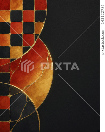 背景圖案為朱紅色和橙色相間的方格圖案和圓圈,印在黑色日本紙上。 背景圖案為朱紅色和橙色相間的方格圖案和圓圈,印在黑色日本紙上。 143122785