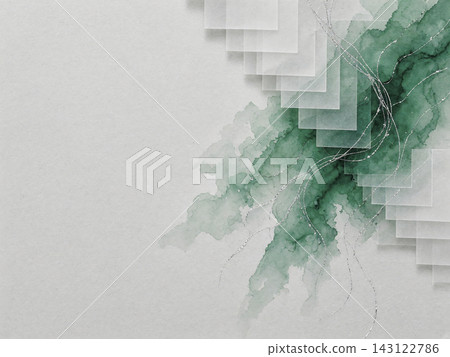 背景是充滿綠色水彩和銀色絲線的幾何階梯狀半透明日本紙。 背景是充滿綠色水彩和銀色絲線的幾何階梯狀半透明日本紙。 143122786
