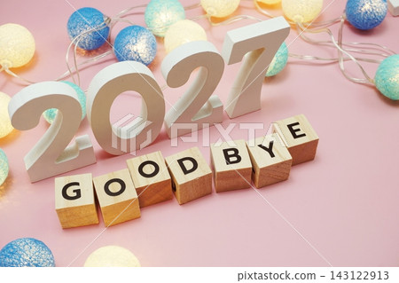 Goodbye 2027 alphabet letters with space copy on pink background Goodbye 2027 alphabet letters with space copy on pink background 143122913