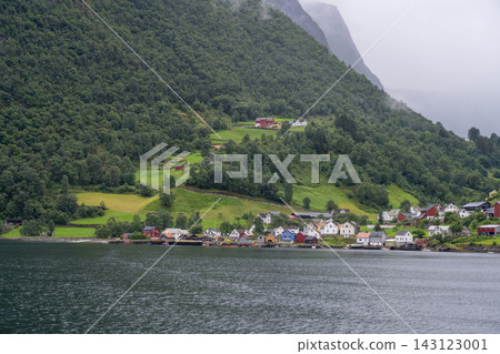 Landscape of Nærøyfjord, a small village at the foot of the mountains, Norway Landscape of Nærøyfjord, a small village at the foot of the mountains, Norway 143123001