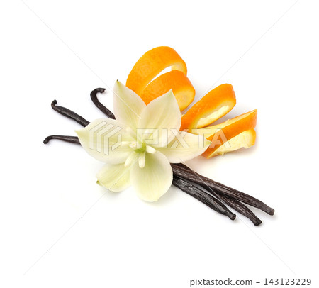 Vanilla stick with oranges zent on white backgrounds 143123229