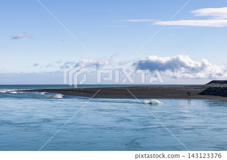 Floating ice beside black sand river mouth at Diamond Beach in southeast Iceland Floating ice beside black sand river mouth at Diamond Beach in southeast Iceland 143123376